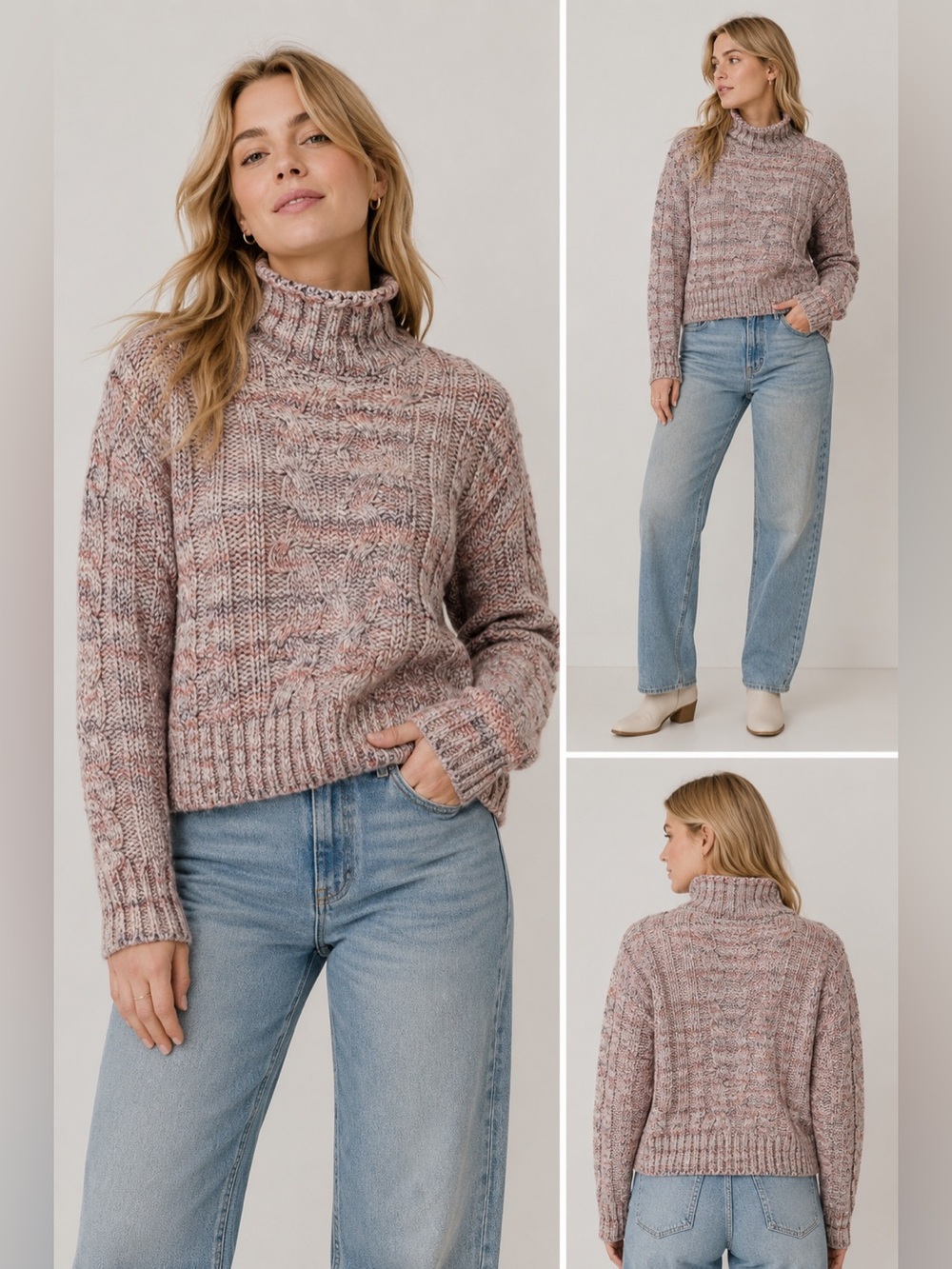 American Eagle Gray Pink Marled Cable Knit Mock Neck Alpaca Wool Blend Sweater S
